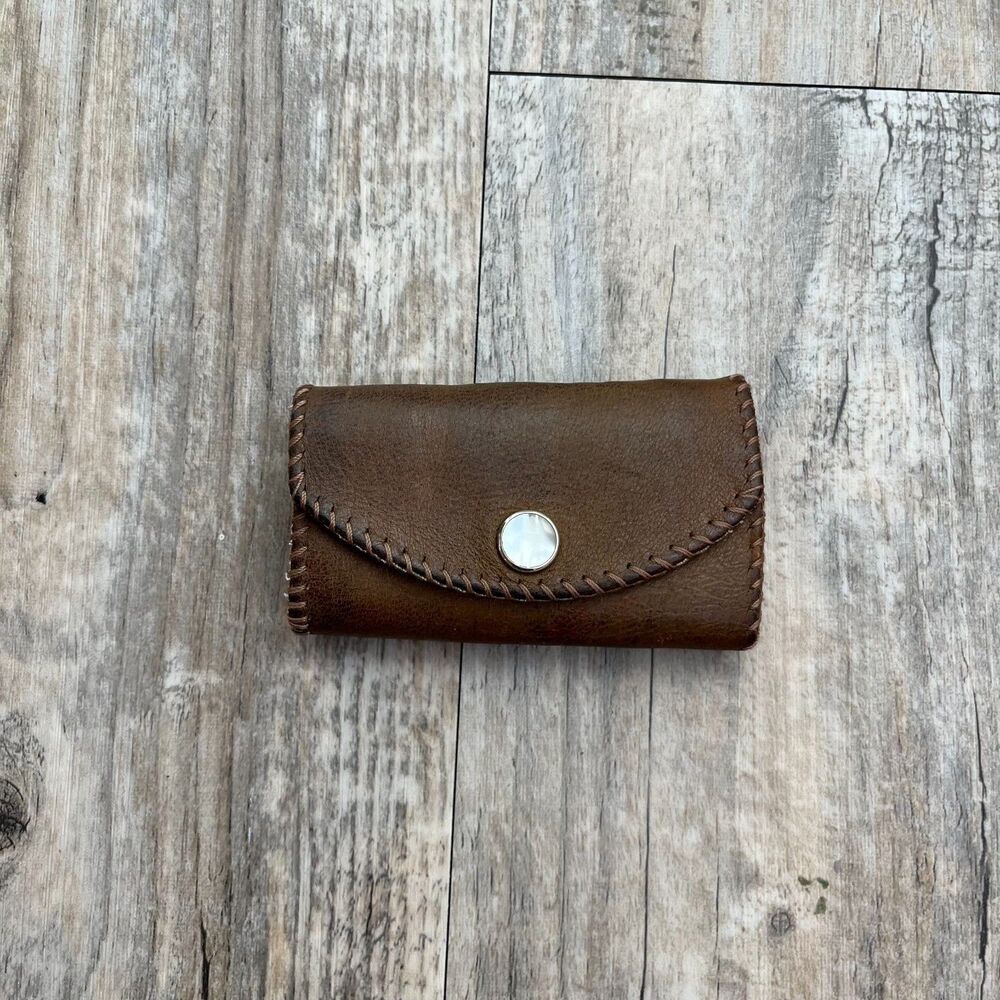 Genuine Deerskin Leather Keyholder Snap Coin Wallet Vintage Antique Brown Stitch
